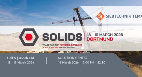 SOLIDS 2026 trade fair banner with date, location Dortmund, Hall 5 Booth L14 and Solution Center presentation time