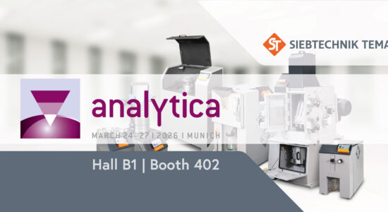 Promotional banner for SIEBTECHNIK TEMA at analytica 2026 in Munich, featuring laboratory equipment and event details: March 24–27, Hall B1, Booth 402.